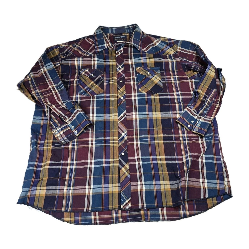 Wrangler Western Shirt Mens 20 36 2XL 3XL Pearl Snap Plaid Extra Long Tails